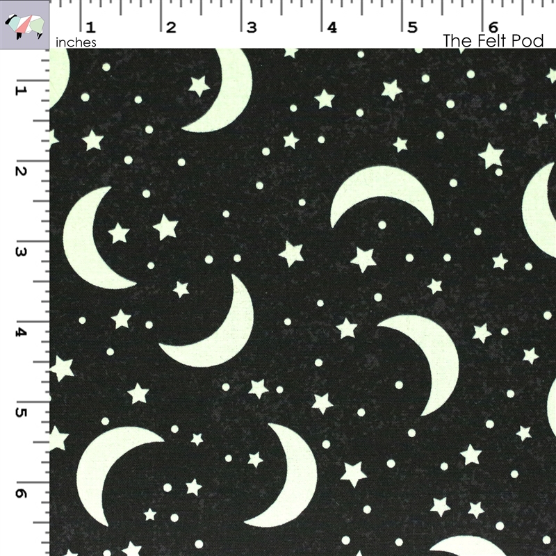 Black Glow in the Dark Moon & Stars Halloween Fabric